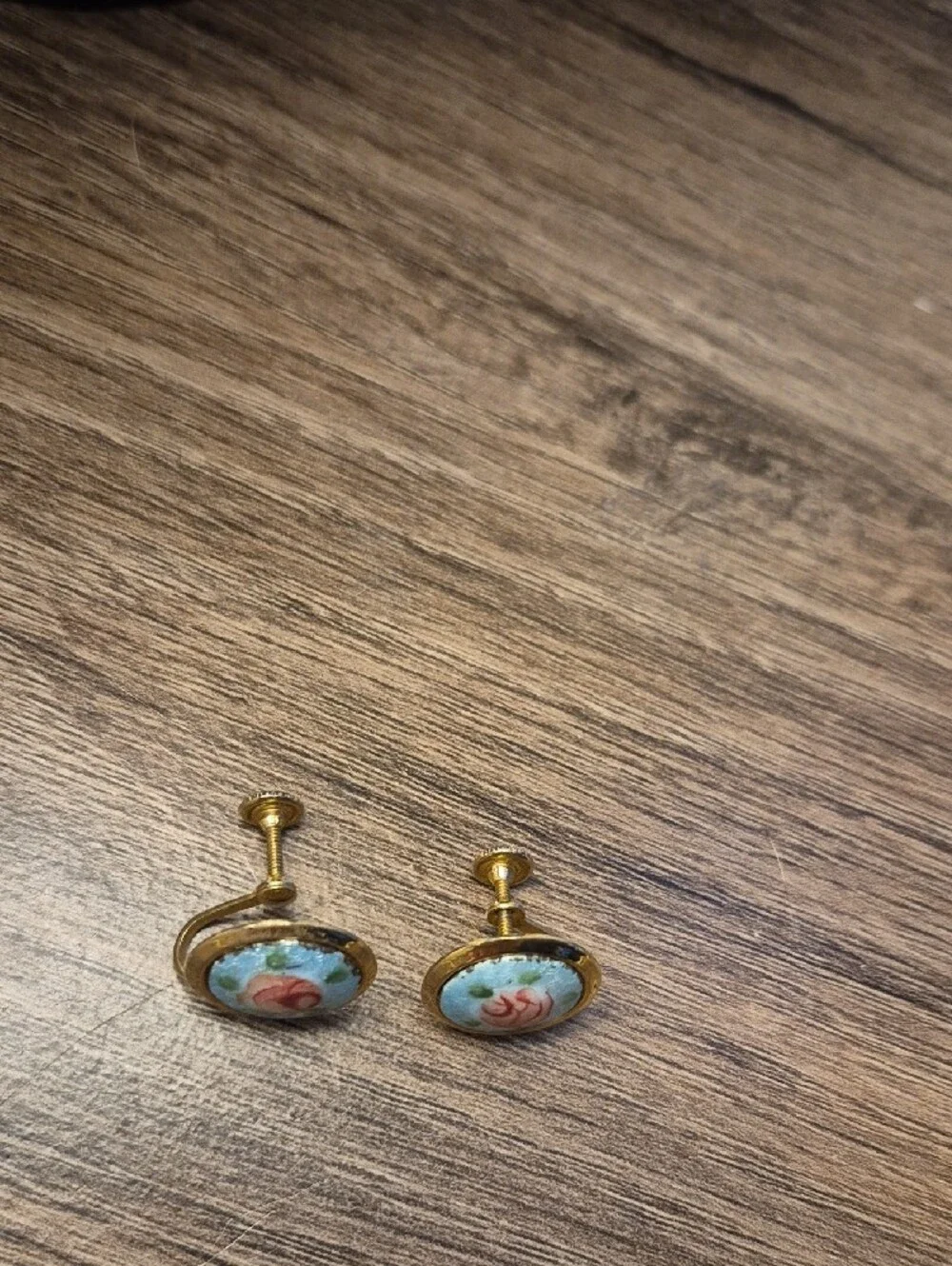 Vintage Rose Blue Guilloche Enamel Earrings, Enamel Earrings, Screw Back
